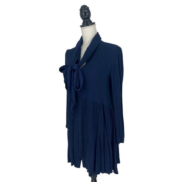 Sezane Selena Tie Neck Long Sleeve Navy Blue Tiered Dress - Picture 10 of 15